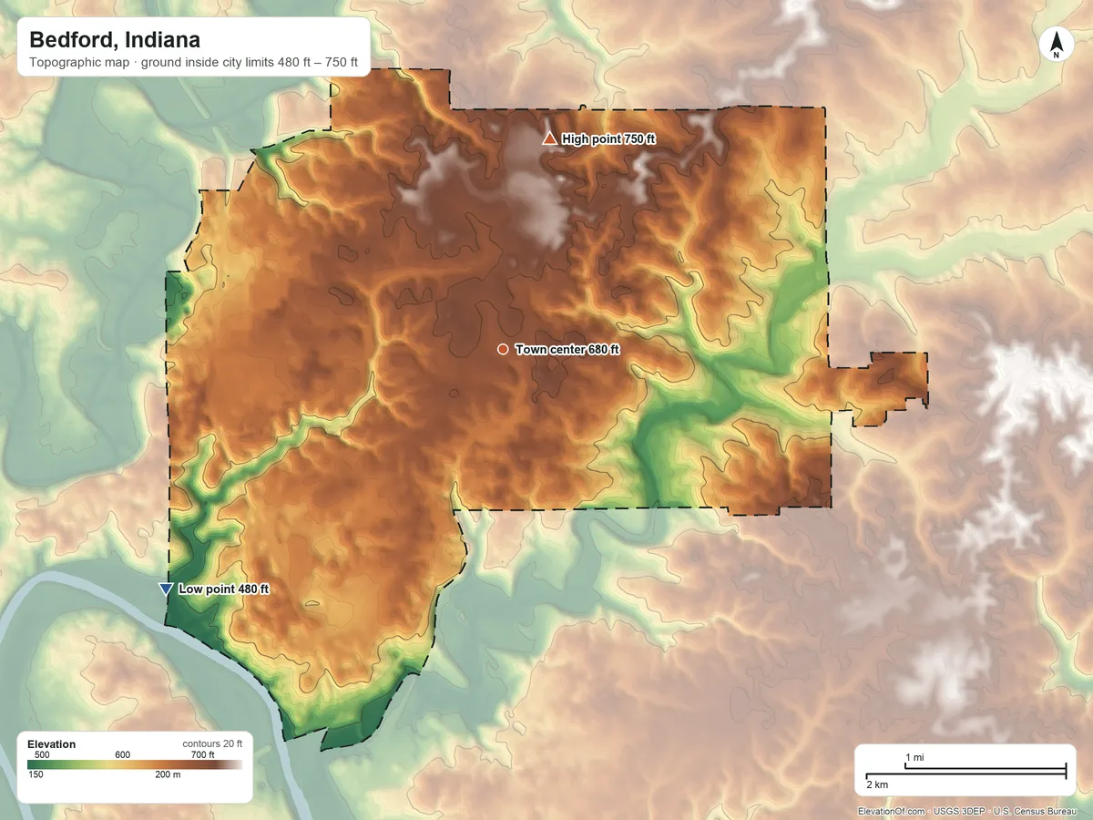 Topographic elevation map of Bedford, Indiana, shaded from 480 ft on the southwest side to 750 ft on the north side