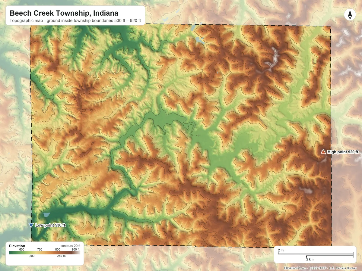 Topographic elevation map of Beech Creek Township, Indiana, shaded from 530 ft on the west side to 920 ft on the east side
