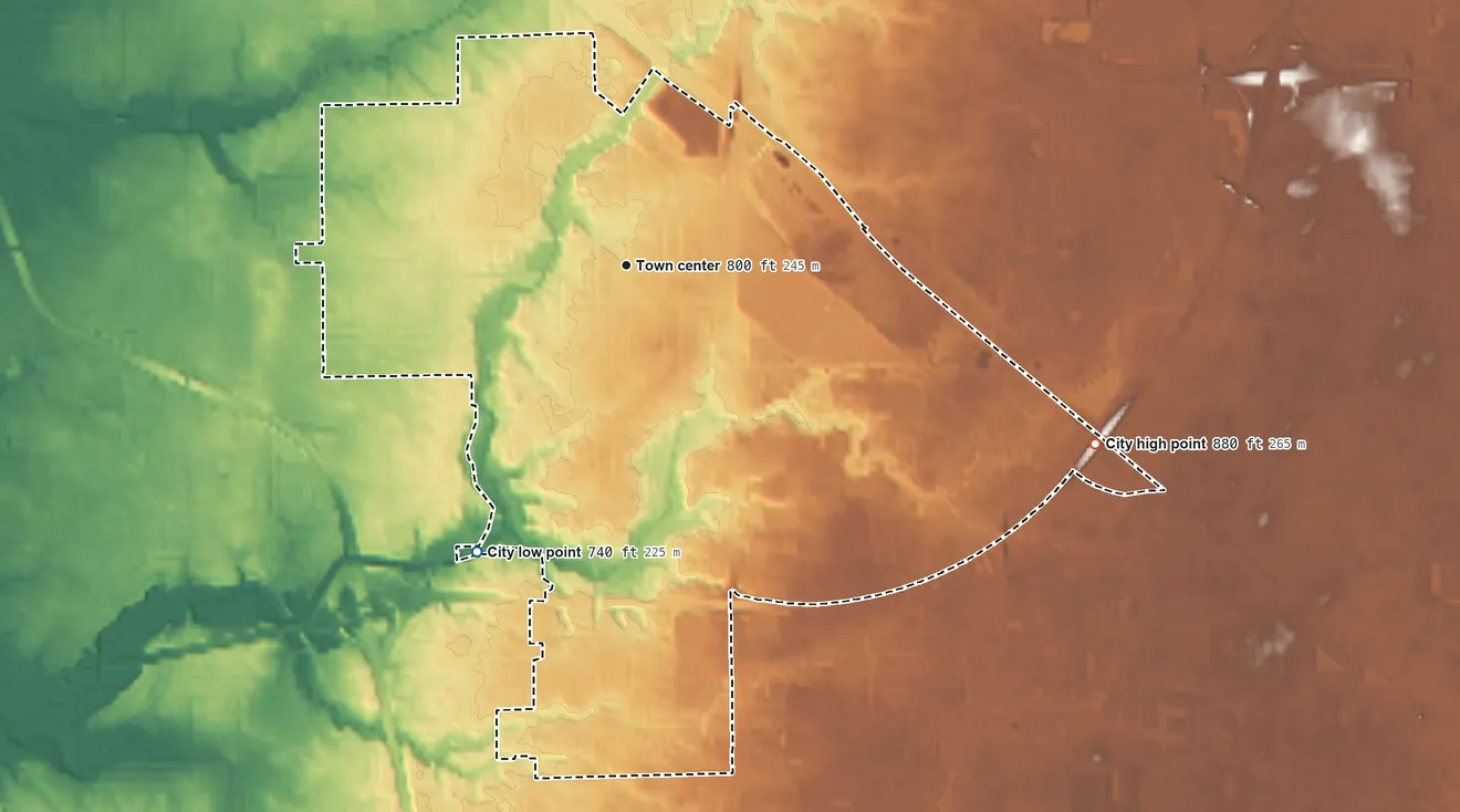 Topographic elevation map of Beech Grove, Indiana, shaded from 740 ft on the southwest side to 880 ft on the east side