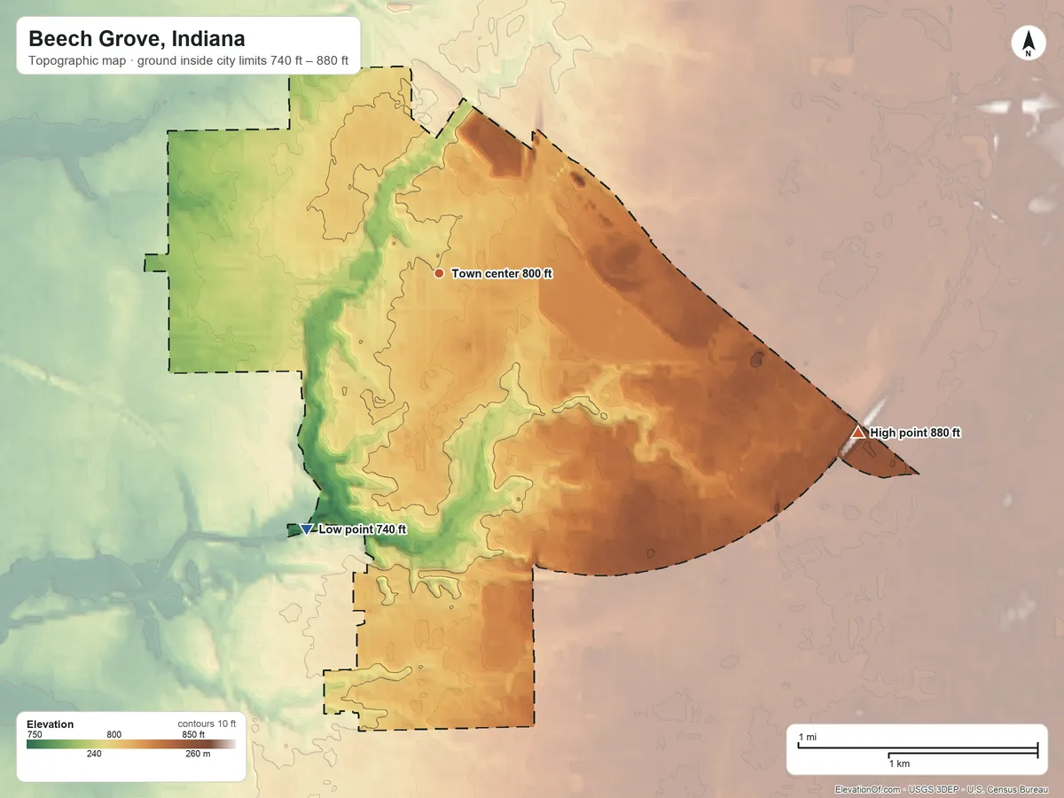 Topographic elevation map of Beech Grove, Indiana, shaded from 740 ft on the southwest side to 880 ft on the east side