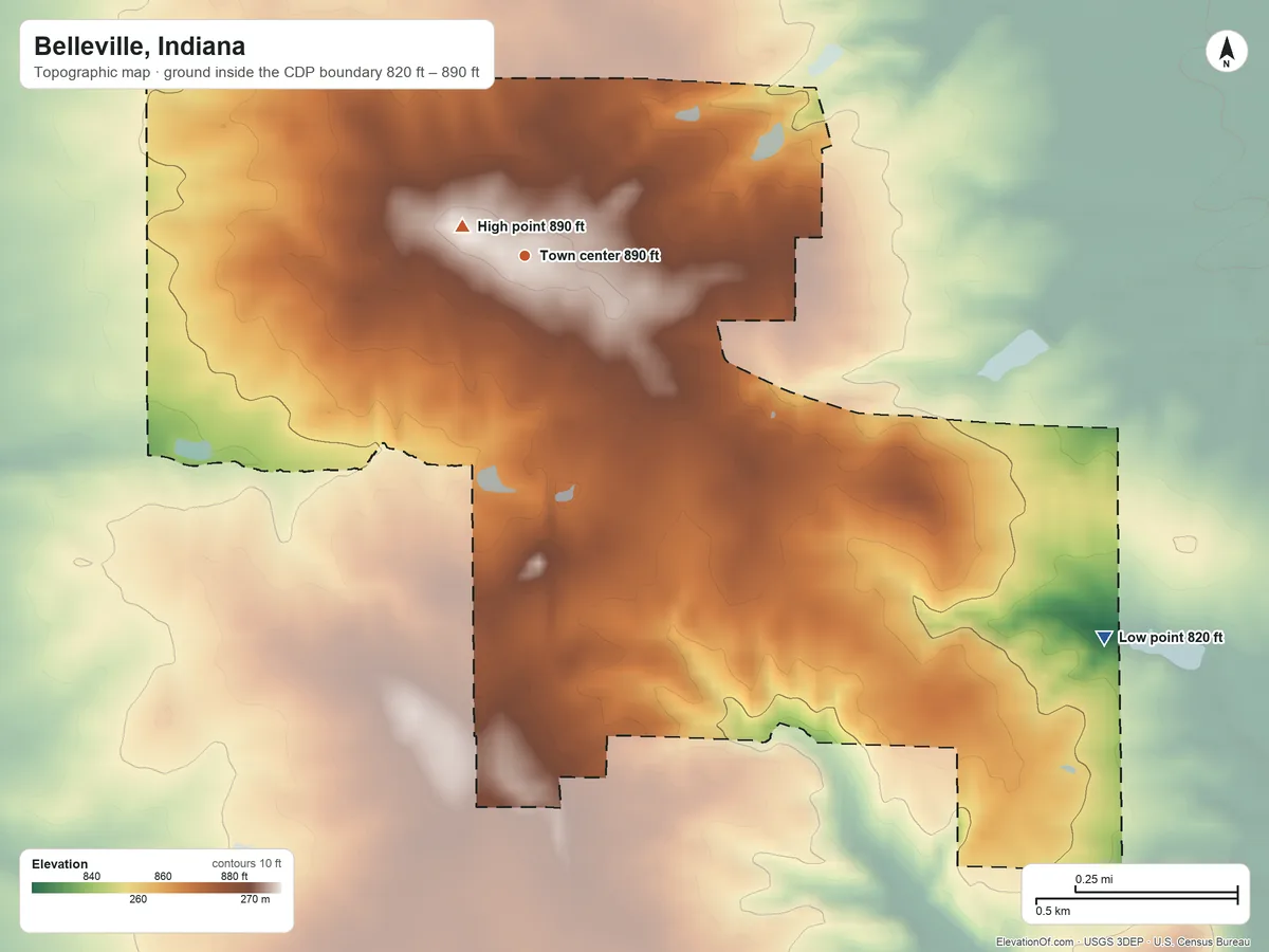 Topographic elevation map of Belleville, Indiana, shaded from 820 ft on the southeast side to 890 ft near the middle