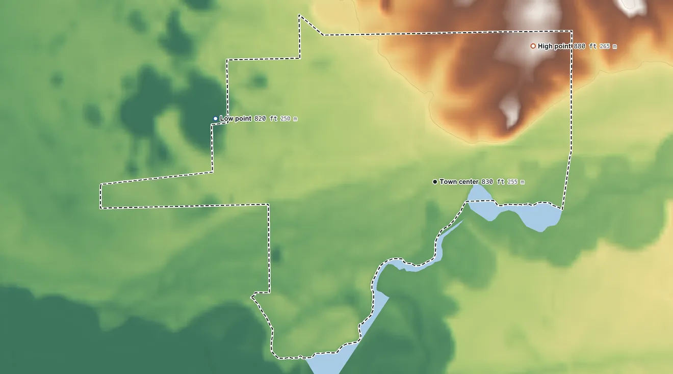 Topographic elevation map of Benton, Indiana, shaded from 820 ft on the west side to 880 ft on the northeast side