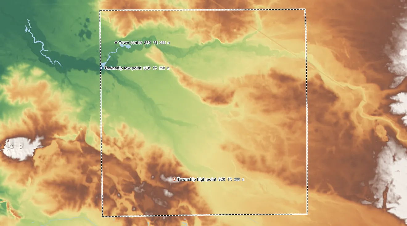 Topographic elevation map of Benton Township, Elkhart County, Indiana, shaded from 810 ft near the middle to 920 ft on the southeast side