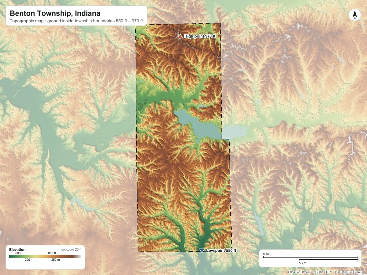 Topographic elevation map of Benton Township, Indiana, shaded from 550 ft on the southeast side to 970 ft on the north side