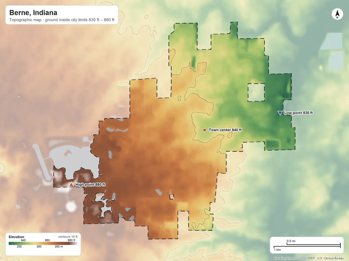 Topographic elevation map of Berne, Indiana, shaded from 830 ft on the east side to 880 ft on the west side