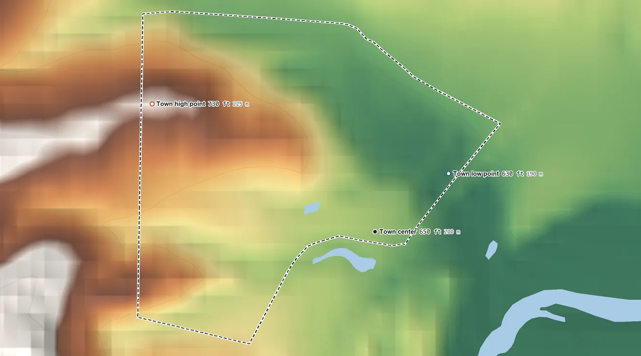 Topographic elevation map of Bethany, Indiana, shaded from 630 ft on the northeast side to 730 ft on the northwest side