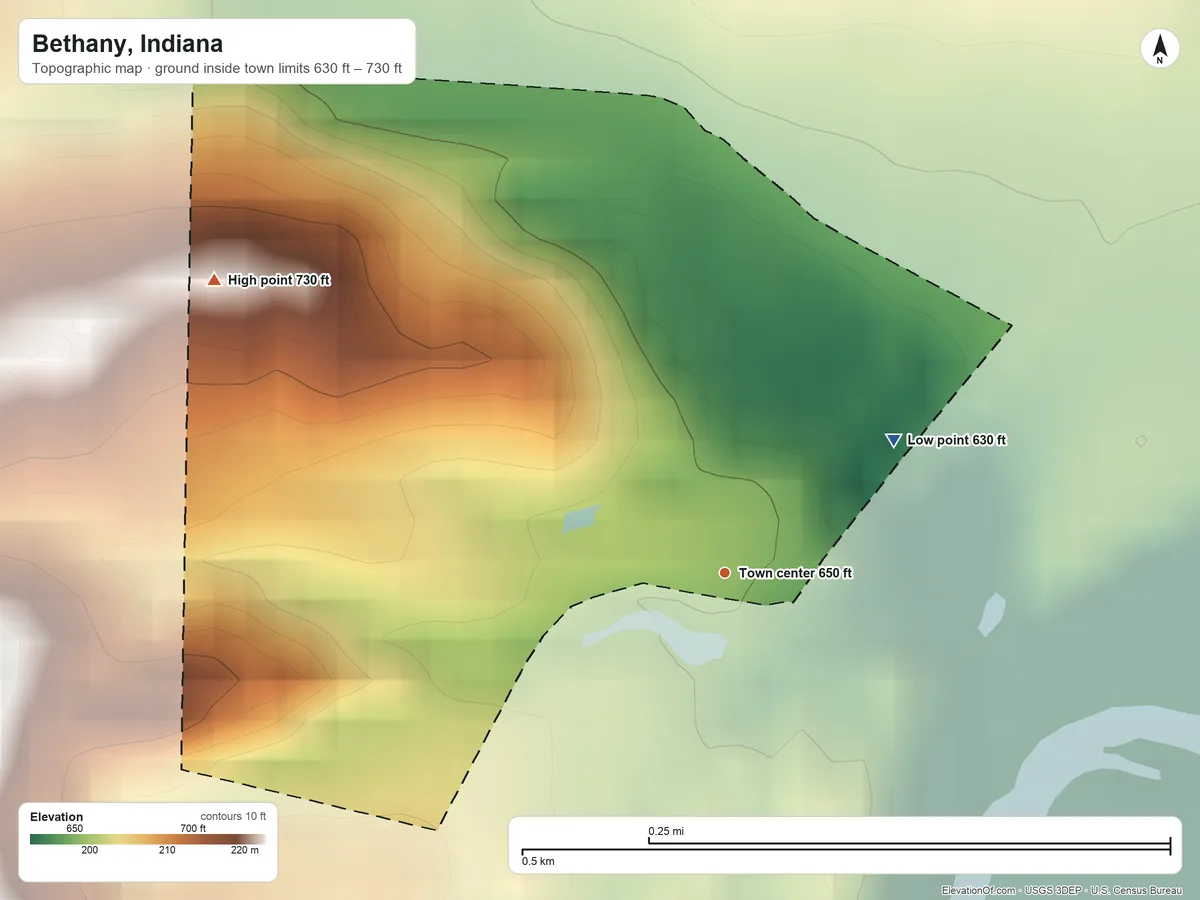 Topographic elevation map of Bethany, Indiana, shaded from 630 ft on the northeast side to 730 ft on the northwest side