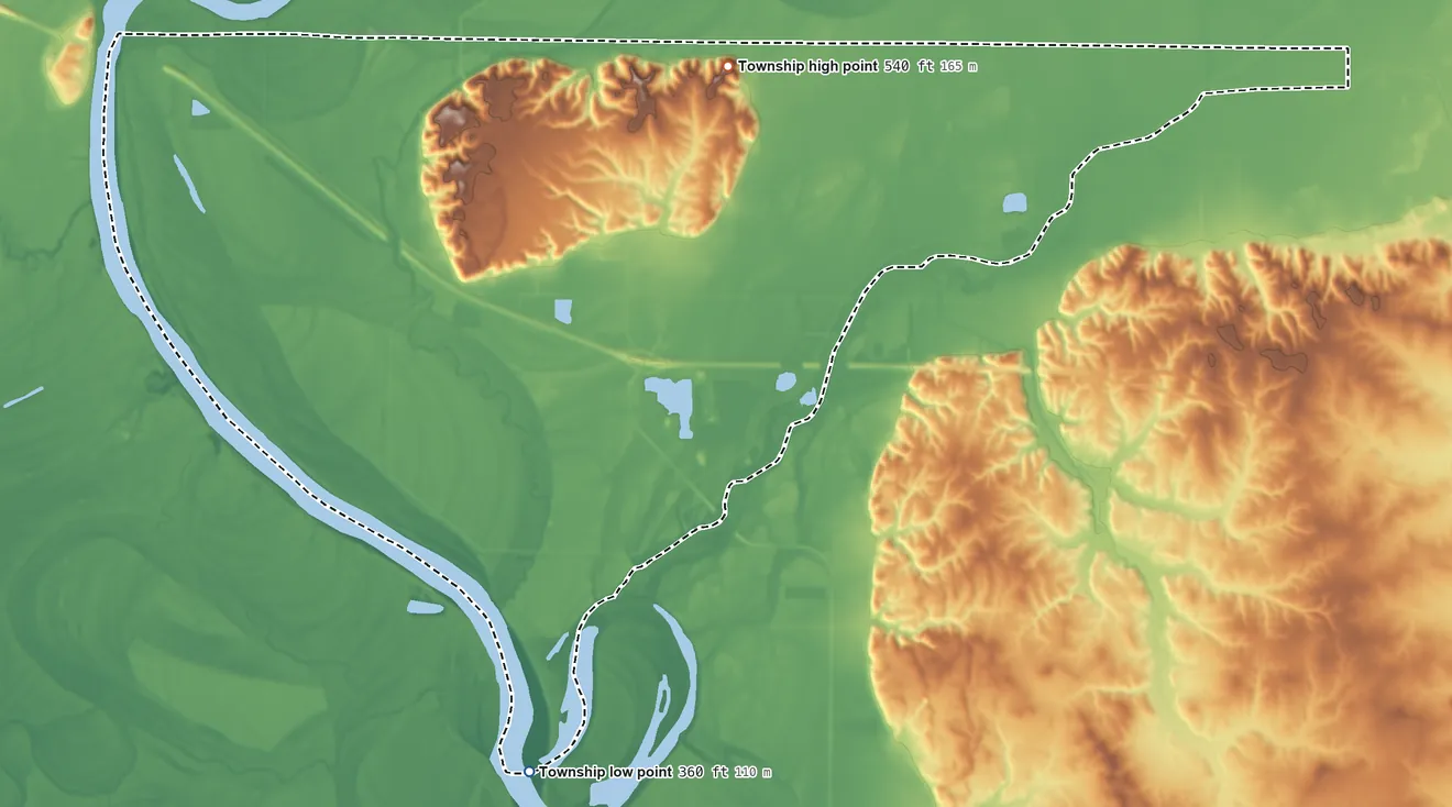 Topographic elevation map of Bethel Township, Indiana, shaded from 360 ft on the south side to 540 ft on the north side