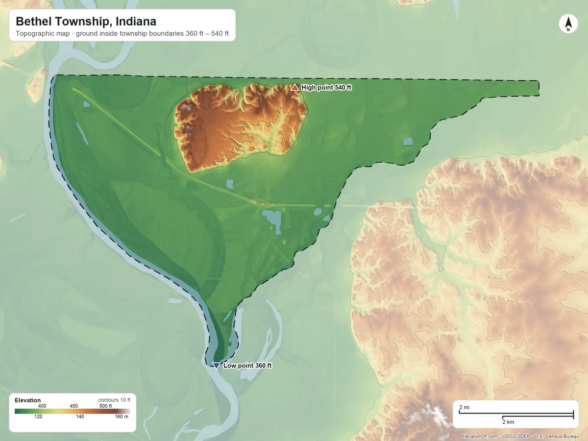 Topographic elevation map of Bethel Township, Indiana, shaded from 360 ft on the south side to 540 ft on the north side