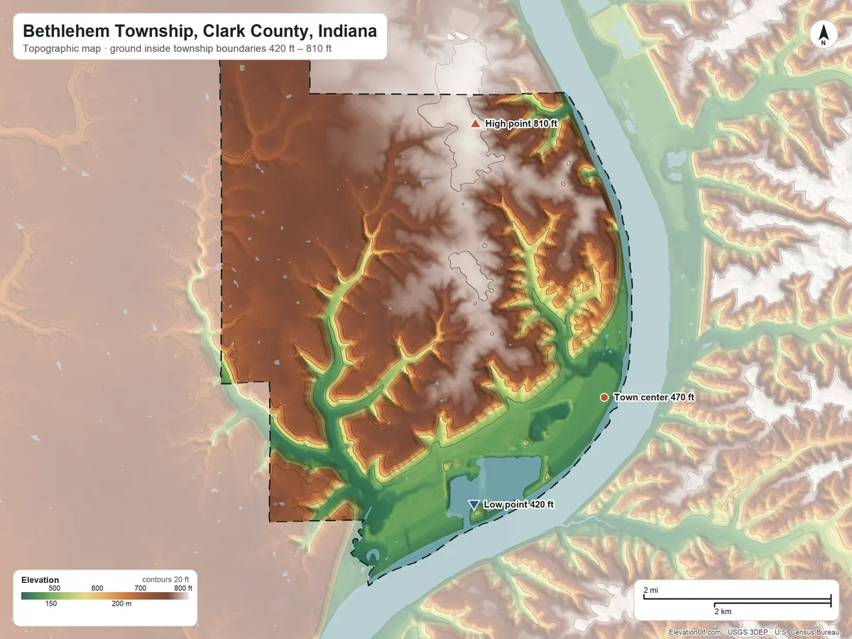 Topographic elevation map of Bethlehem Township, Clark County, Indiana, shaded from 420 ft on the southwest side to 810 ft on the northwest side