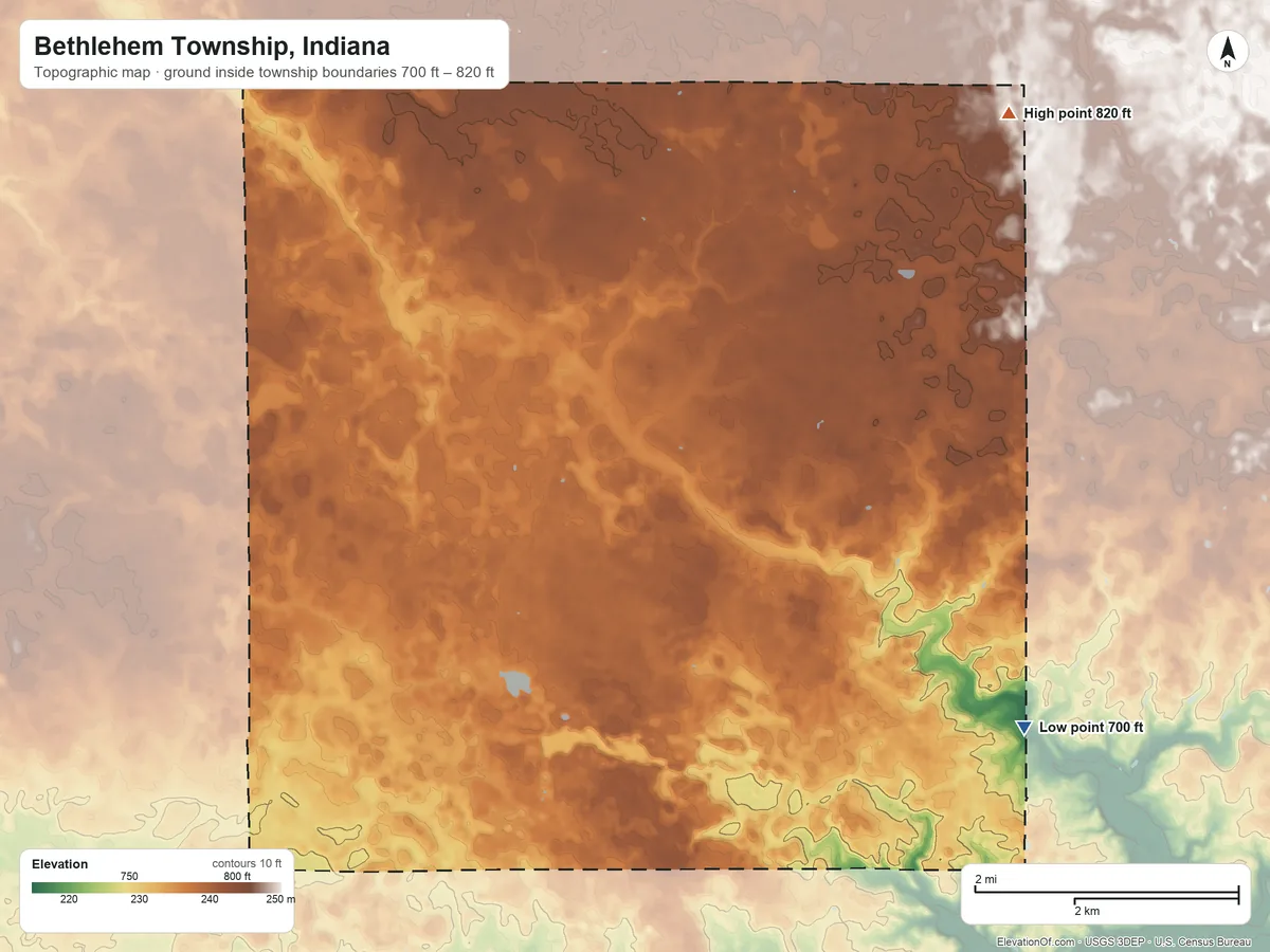 Topographic elevation map of Bethlehem Township, Indiana, shaded from 700 ft on the southeast side to 820 ft on the northeast side