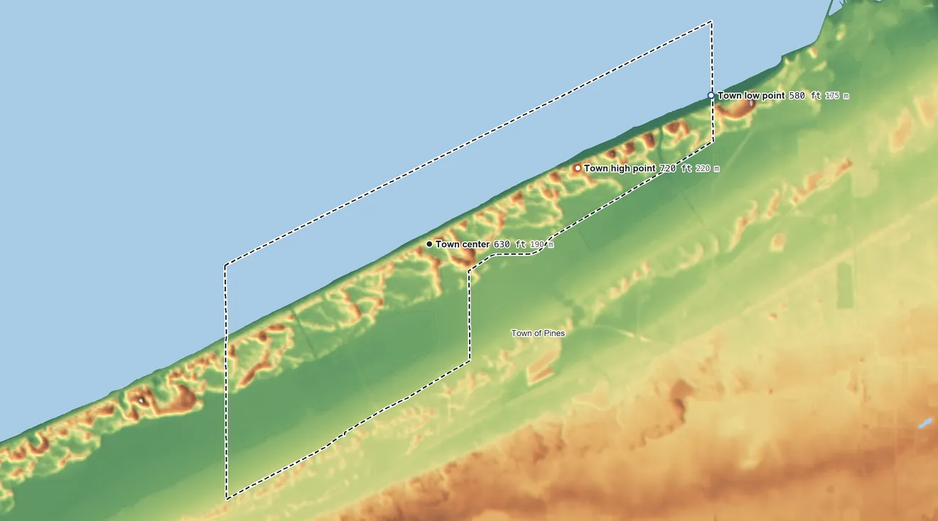 Topographic elevation map of Beverly Shores, Indiana, shaded from 580 ft on the northeast side to 720 ft on the northeast side
