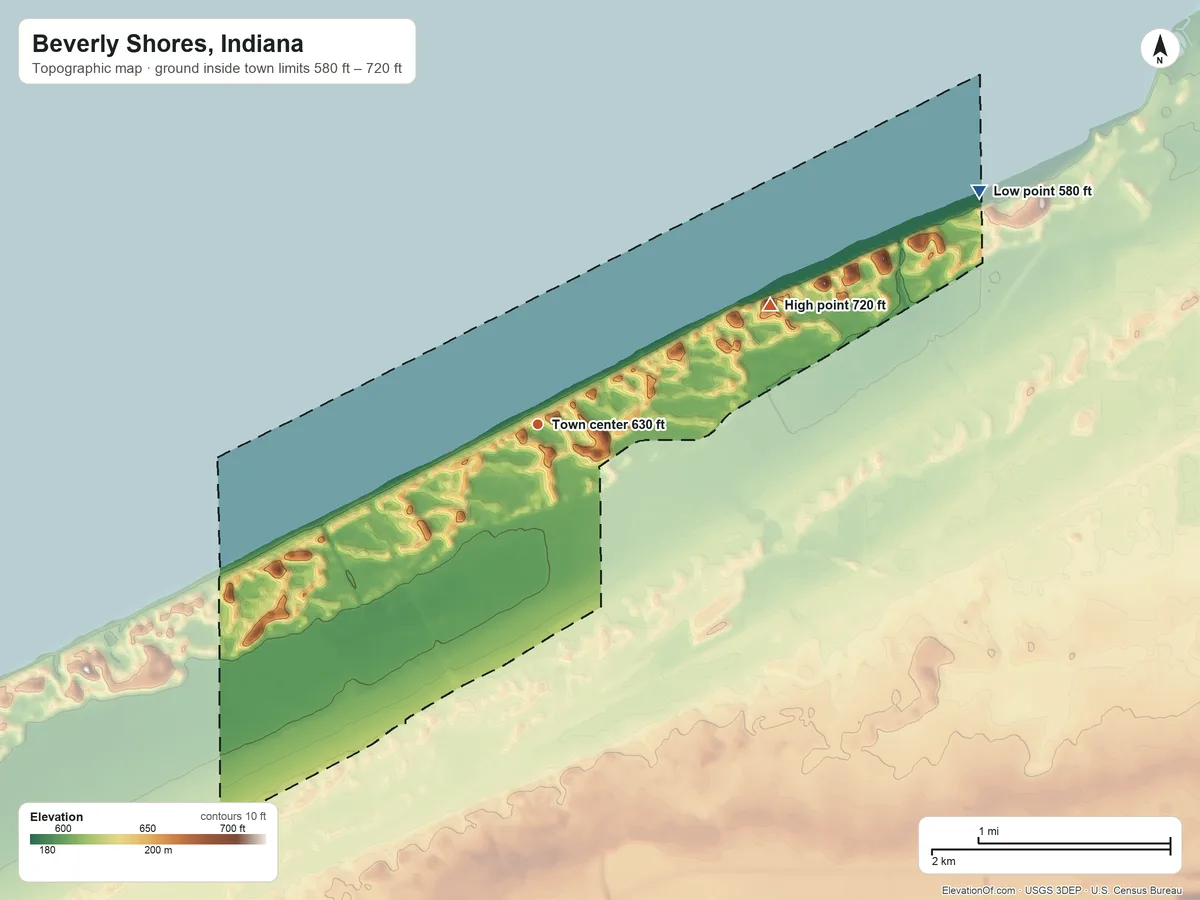 Topographic elevation map of Beverly Shores, Indiana, shaded from 580 ft on the northeast side to 720 ft on the northeast side