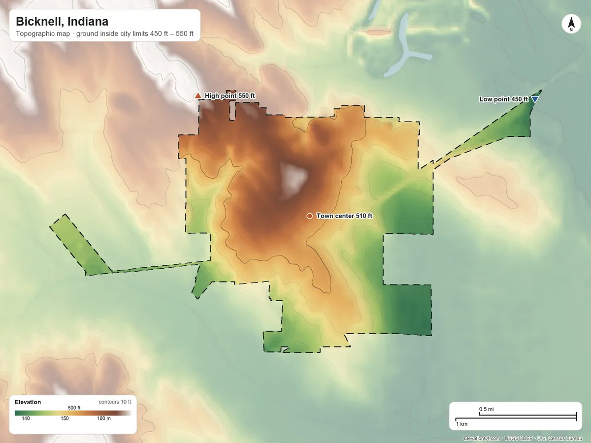 Topographic elevation map of Bicknell, Indiana, shaded from 450 ft on the northeast side to 550 ft on the northwest side