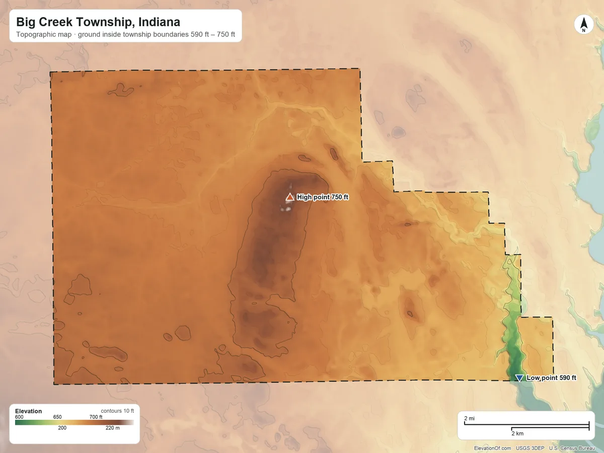 Topographic elevation map of Big Creek Township, Indiana, shaded from 590 ft on the east side to 750 ft on the north side