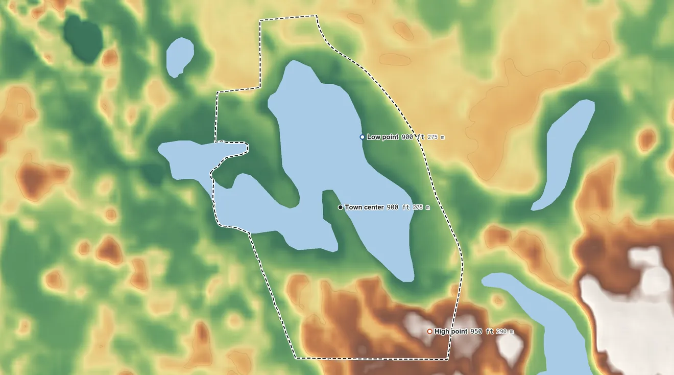 Topographic elevation map of Big Lake, Indiana, shaded from 900 ft on the north side to 950 ft on the southeast side