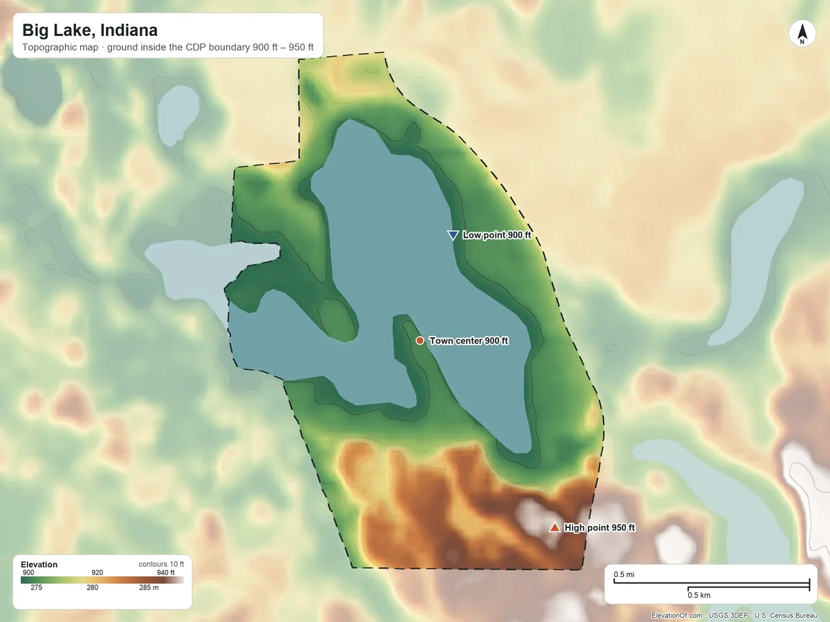 Topographic elevation map of Big Lake, Indiana, shaded from 900 ft on the north side to 950 ft on the southeast side