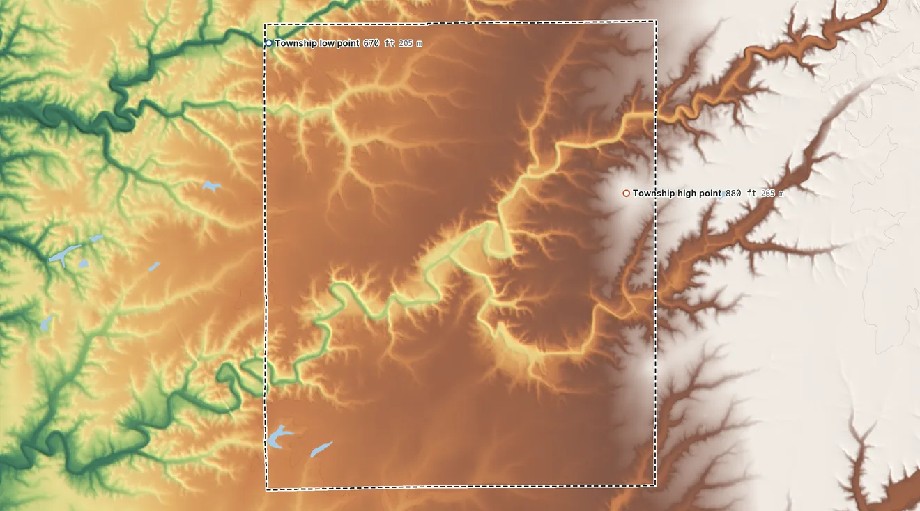 Topographic elevation map of Bigger Township, Indiana, shaded from 670 ft on the northwest side to 880 ft on the east side