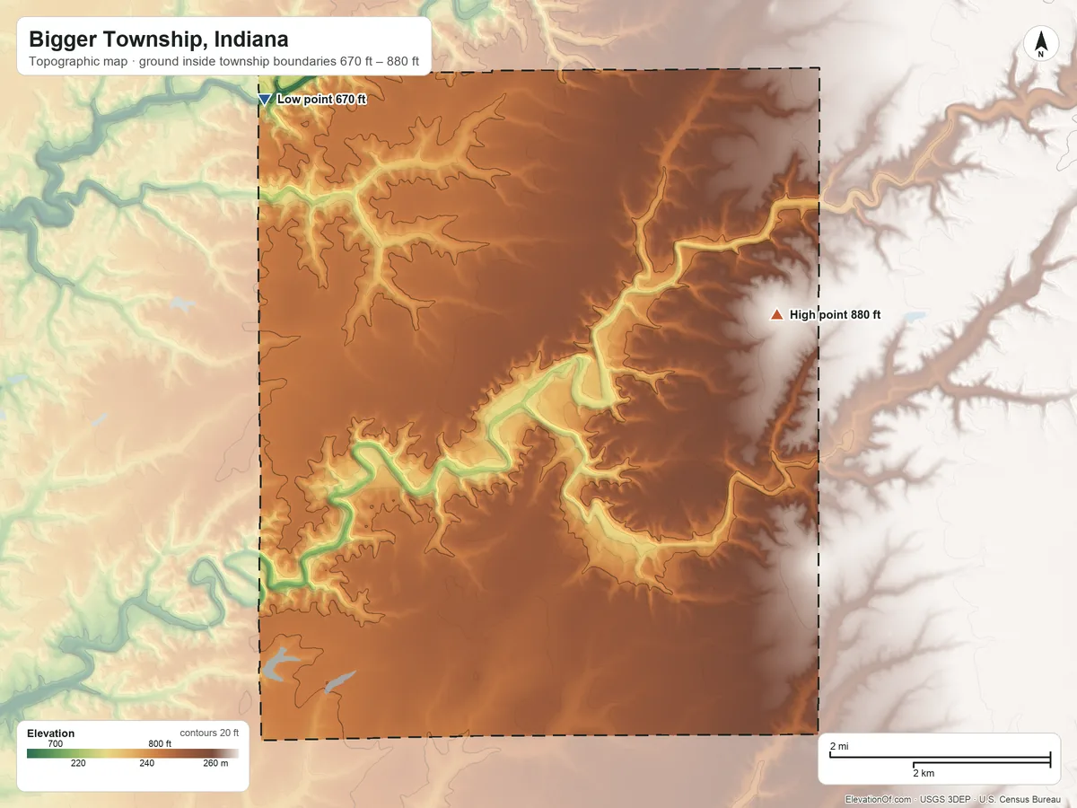 Topographic elevation map of Bigger Township, Indiana, shaded from 670 ft on the northwest side to 880 ft on the east side