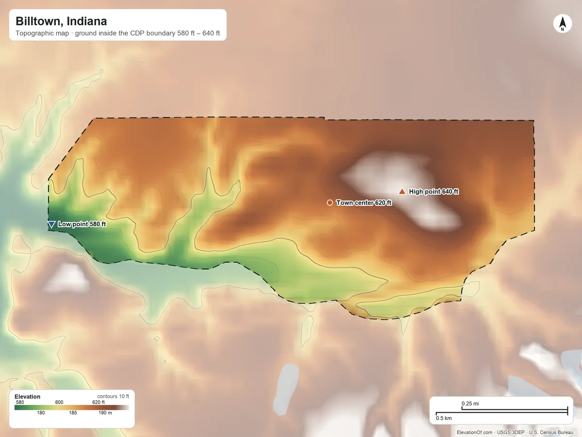 Topographic elevation map of Billtown, Indiana, shaded from 580 ft on the west side to 640 ft on the east side