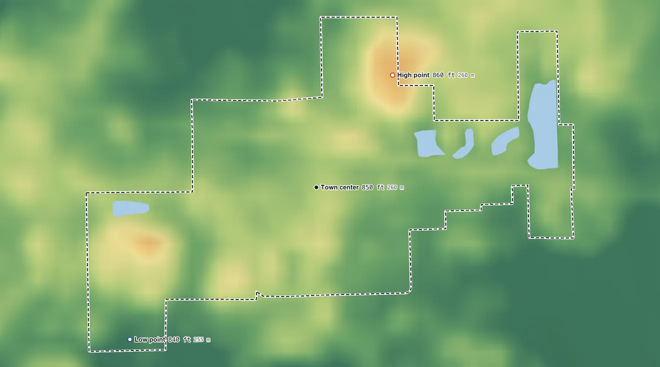 Topographic elevation map of Bippus, Indiana, shaded from 840 ft on the southwest side to 860 ft on the northeast side