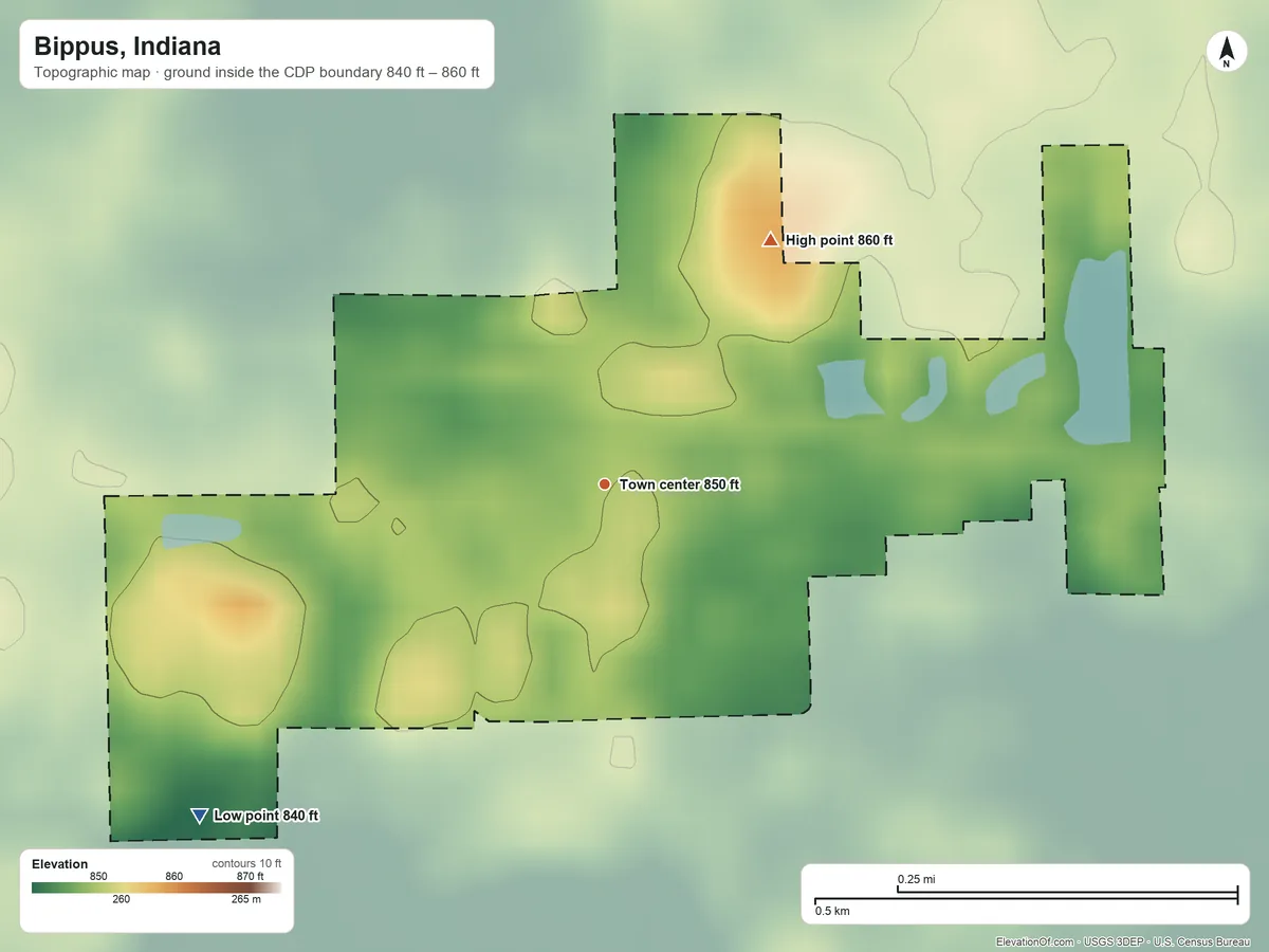 Topographic elevation map of Bippus, Indiana, shaded from 840 ft on the southwest side to 860 ft on the northeast side