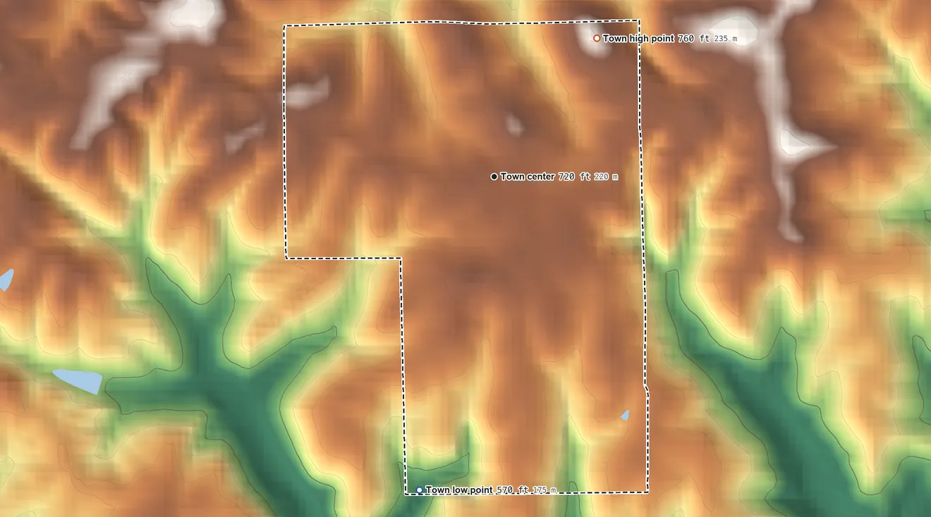 Topographic elevation map of Birdseye, Indiana, shaded from 570 ft on the south side to 760 ft on the northeast side