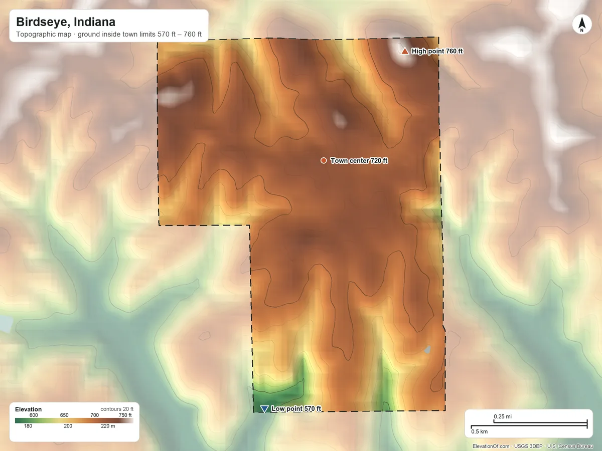 Topographic elevation map of Birdseye, Indiana, shaded from 570 ft on the south side to 760 ft on the northeast side