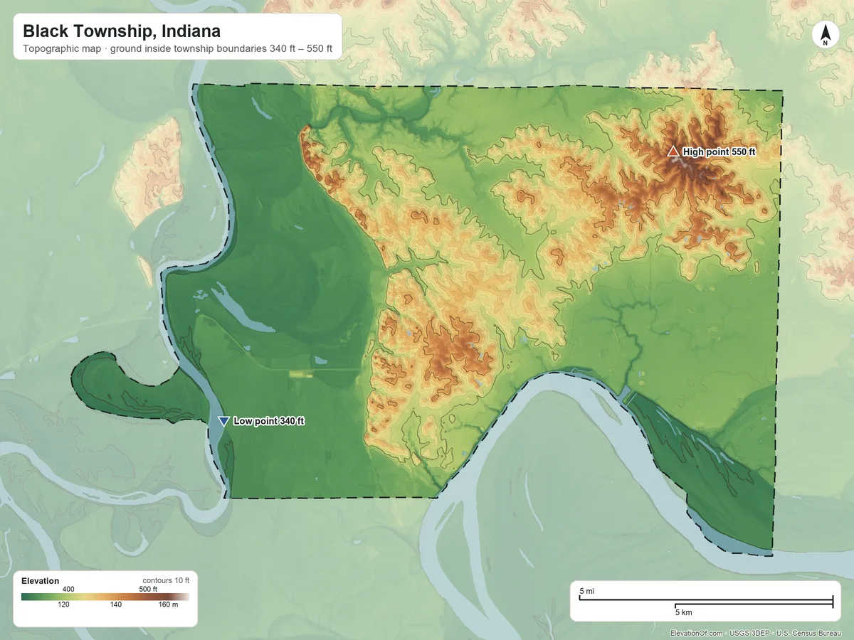 Topographic elevation map of Black Township, Indiana, shaded from 340 ft on the west side to 550 ft on the northeast side