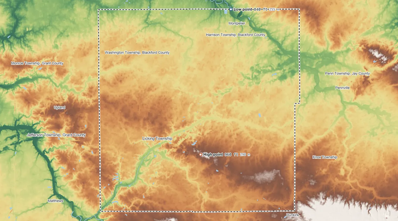 Topographic elevation map of Blackford County, Indiana, shaded from 840 ft on the north side to 960 ft on the south side