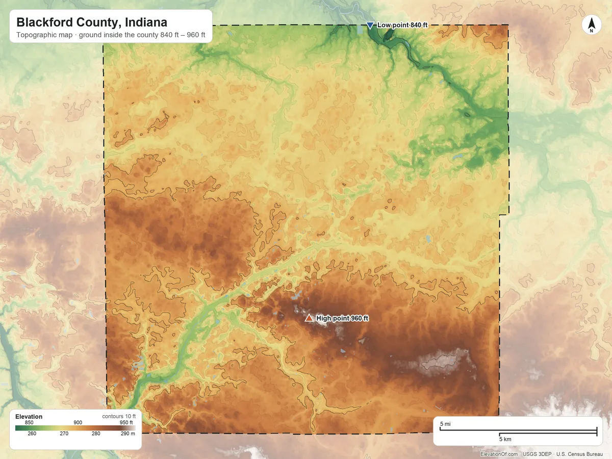 Topographic elevation map of Blackford County, Indiana, shaded from 840 ft on the north side to 960 ft on the south side