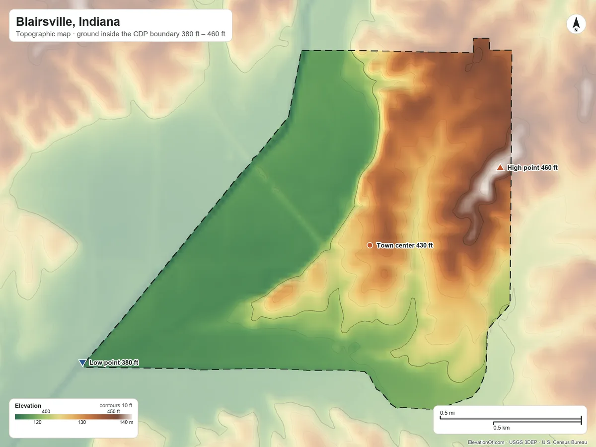Topographic elevation map of Blairsville, Indiana, shaded from 380 ft on the west side to 460 ft on the northeast side