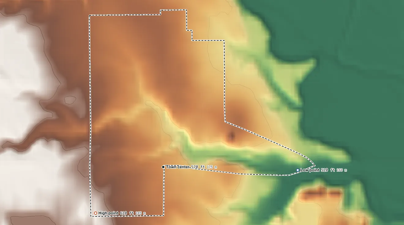 Topographic elevation map of Blanford, Indiana, shaded from 520 ft on the east side to 610 ft on the southwest side