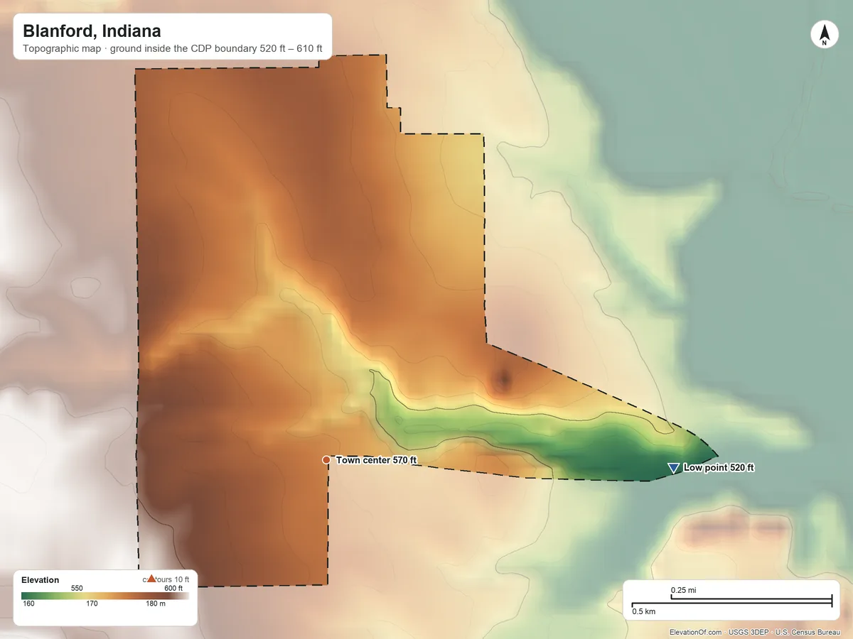 Topographic elevation map of Blanford, Indiana, shaded from 520 ft on the east side to 610 ft on the southwest side