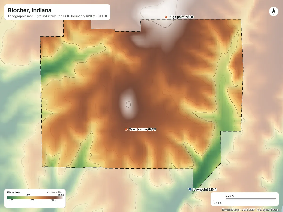 Topographic elevation map of Blocher, Indiana, shaded from 620 ft on the southeast side to 700 ft on the north side