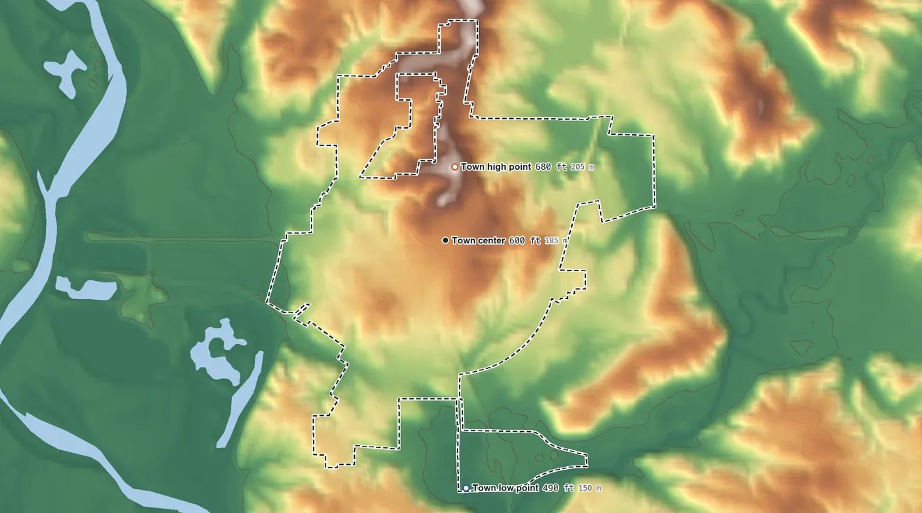 Topographic elevation map of Bloomfield, Indiana, shaded from 490 ft on the south side to 680 ft on the north side