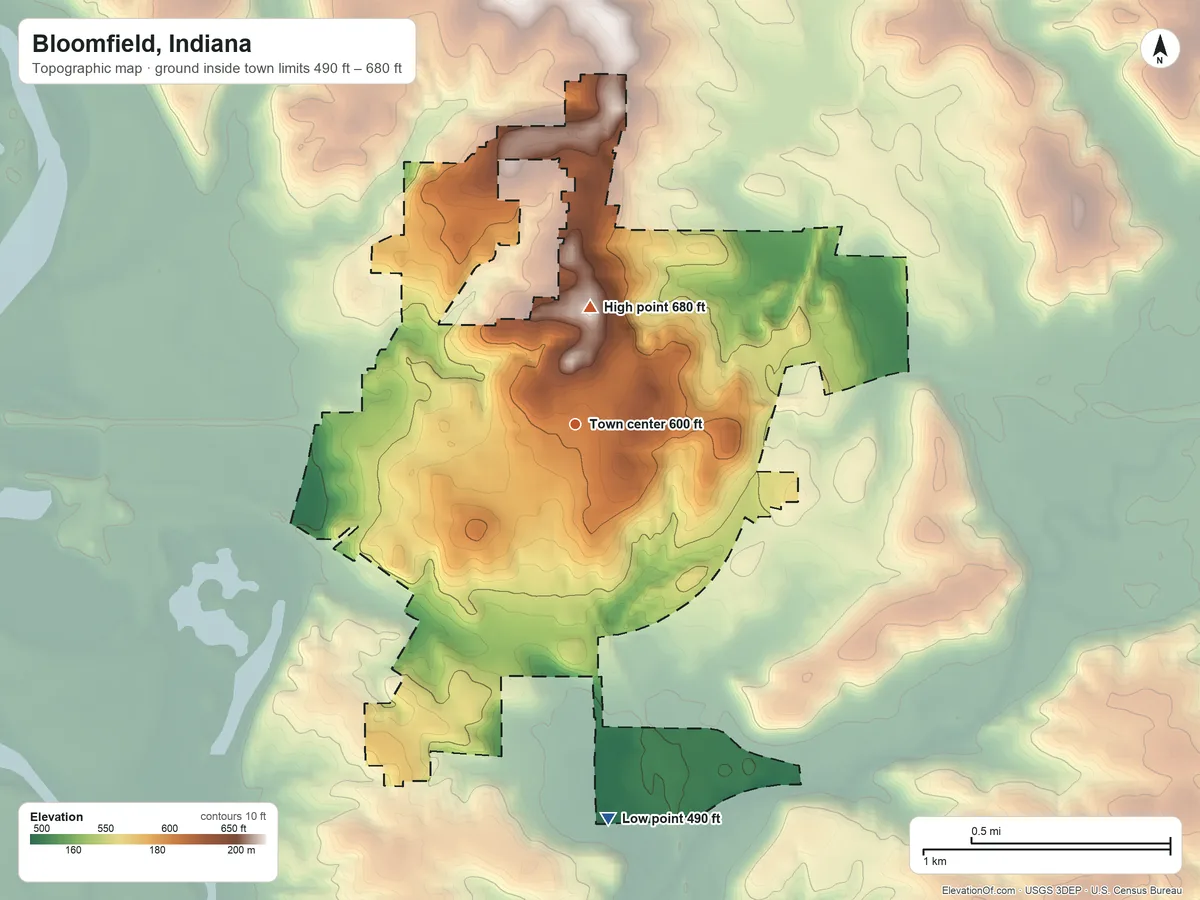 Topographic elevation map of Bloomfield, Indiana, shaded from 490 ft on the south side to 680 ft on the north side