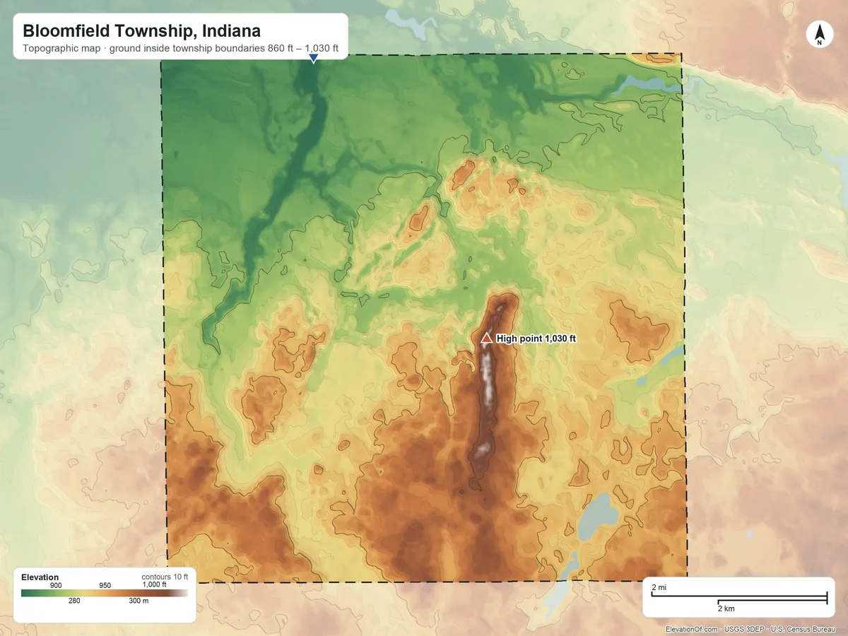 Topographic elevation map of Bloomfield Township, Indiana, shaded from 860 ft on the north side to 1,030 ft on The Knob