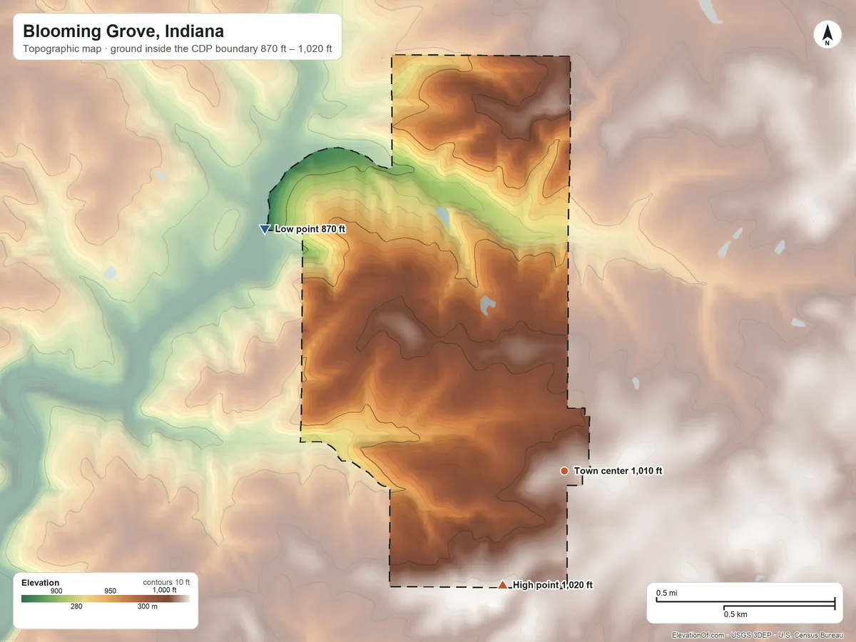 Topographic elevation map of Blooming Grove, Indiana, shaded from 870 ft on the northwest side to 1,020 ft on the southwest side
