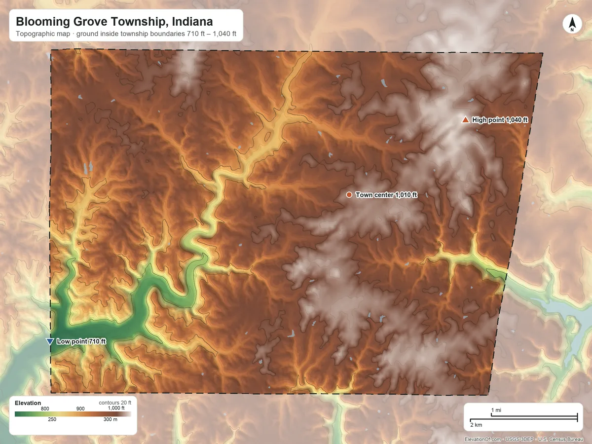 Topographic elevation map of Blooming Grove Township, Indiana, shaded from 710 ft on the southwest side to 1,040 ft on the northeast side