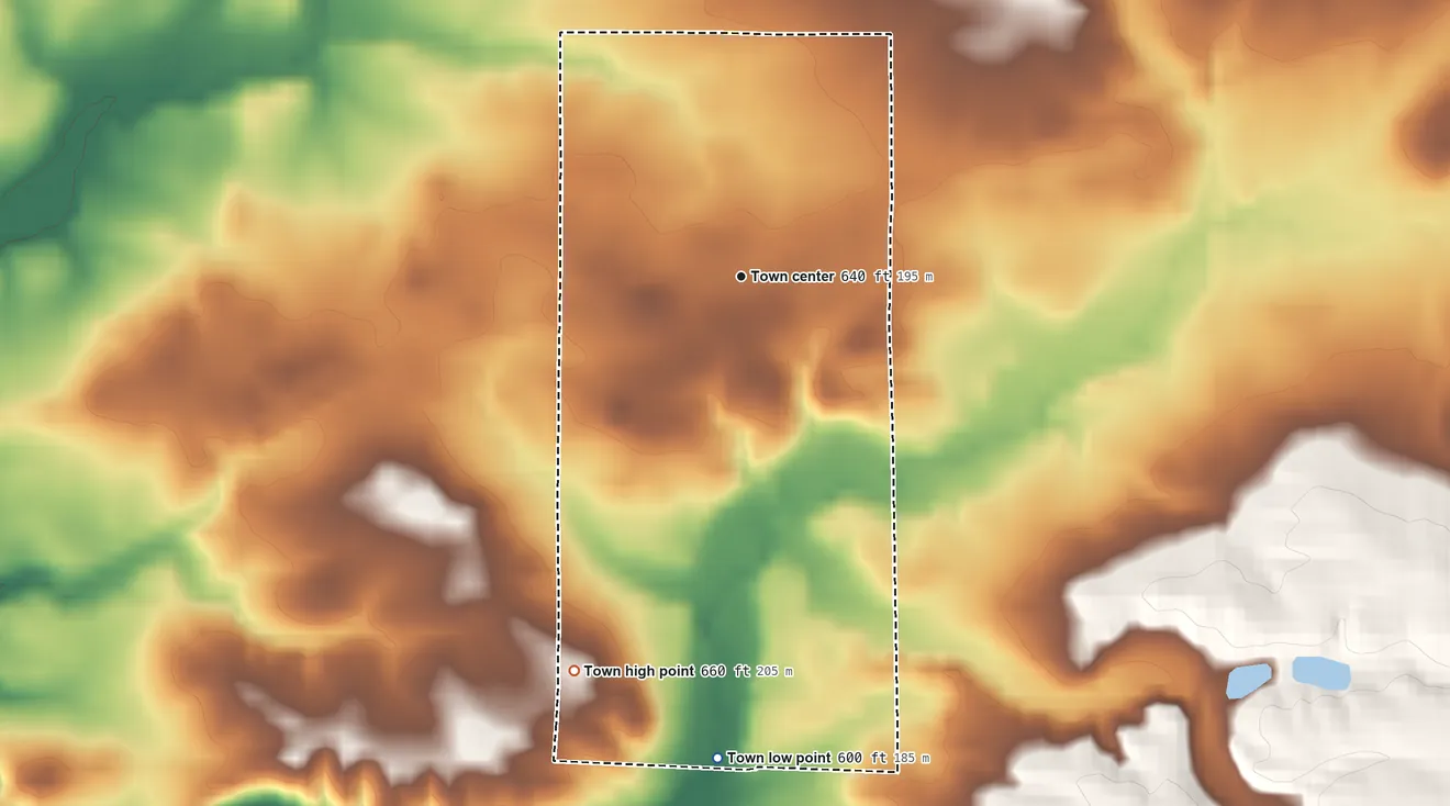 Topographic elevation map of Bloomingdale, Indiana, shaded from 600 ft on the south side to 660 ft on the southwest side