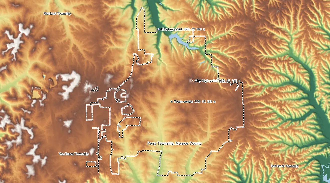 Topographic elevation map of Bloomington, Indiana, shaded from 590 ft on the north side to 930 ft on the northeast side