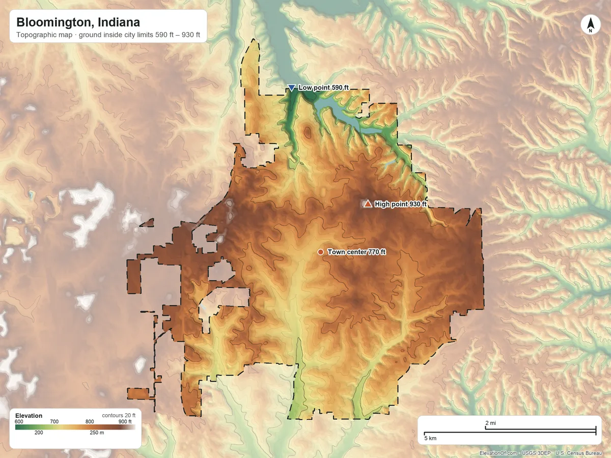 Topographic elevation map of Bloomington, Indiana, shaded from 590 ft on the north side to 930 ft on the northeast side