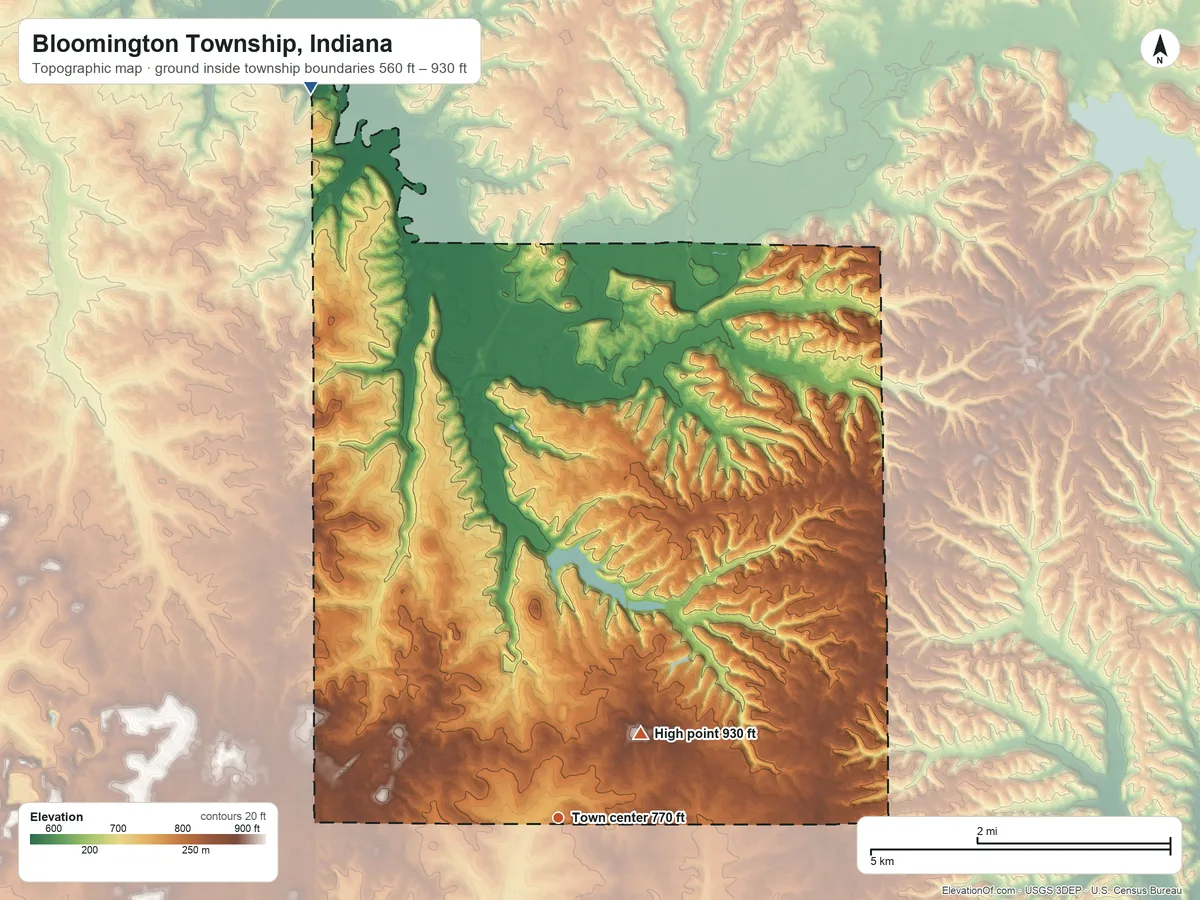 Topographic elevation map of Bloomington Township, Indiana, shaded from 560 ft on the north side to 930 ft on the northeast side