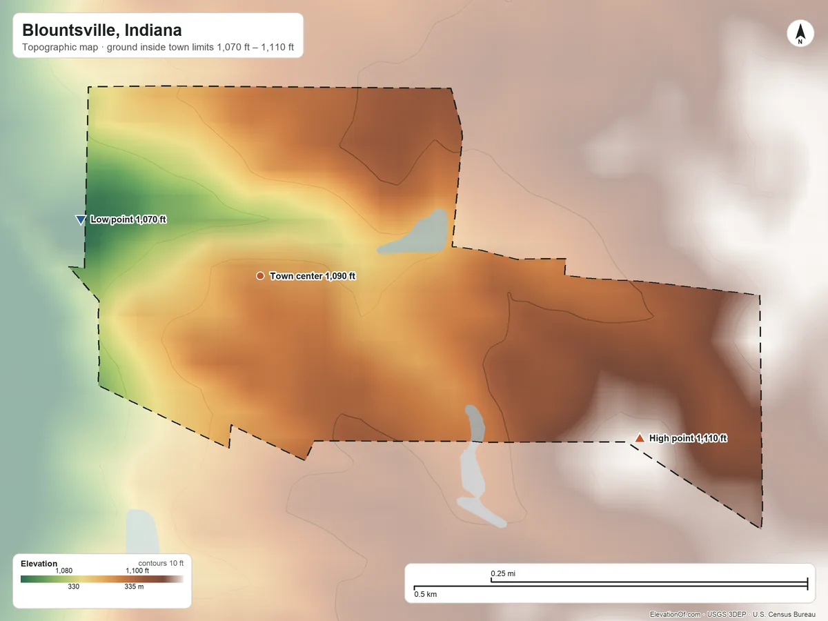 Topographic elevation map of Blountsville, Indiana, shaded from 1,070 ft on the west side to 1,110 ft on the southeast side
