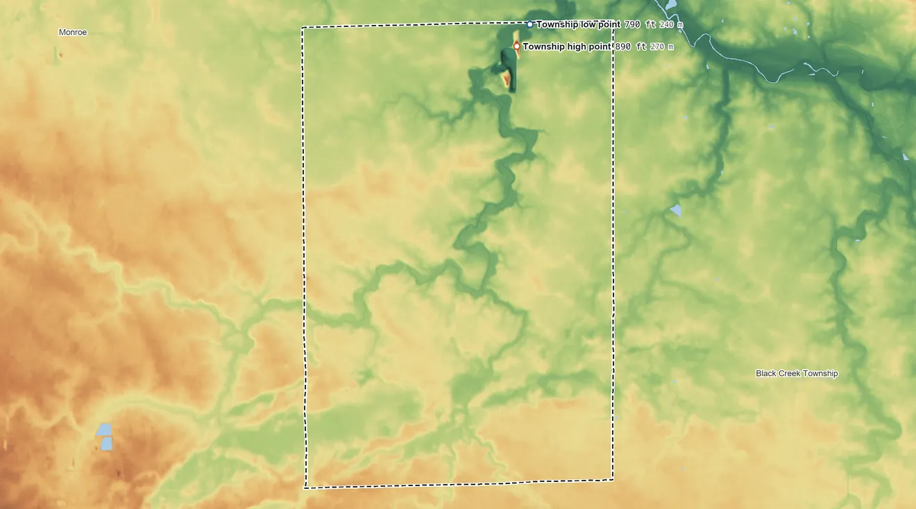 Topographic elevation map of Blue Creek Township, Indiana, shaded from 790 ft on the north side to 890 ft on the north side