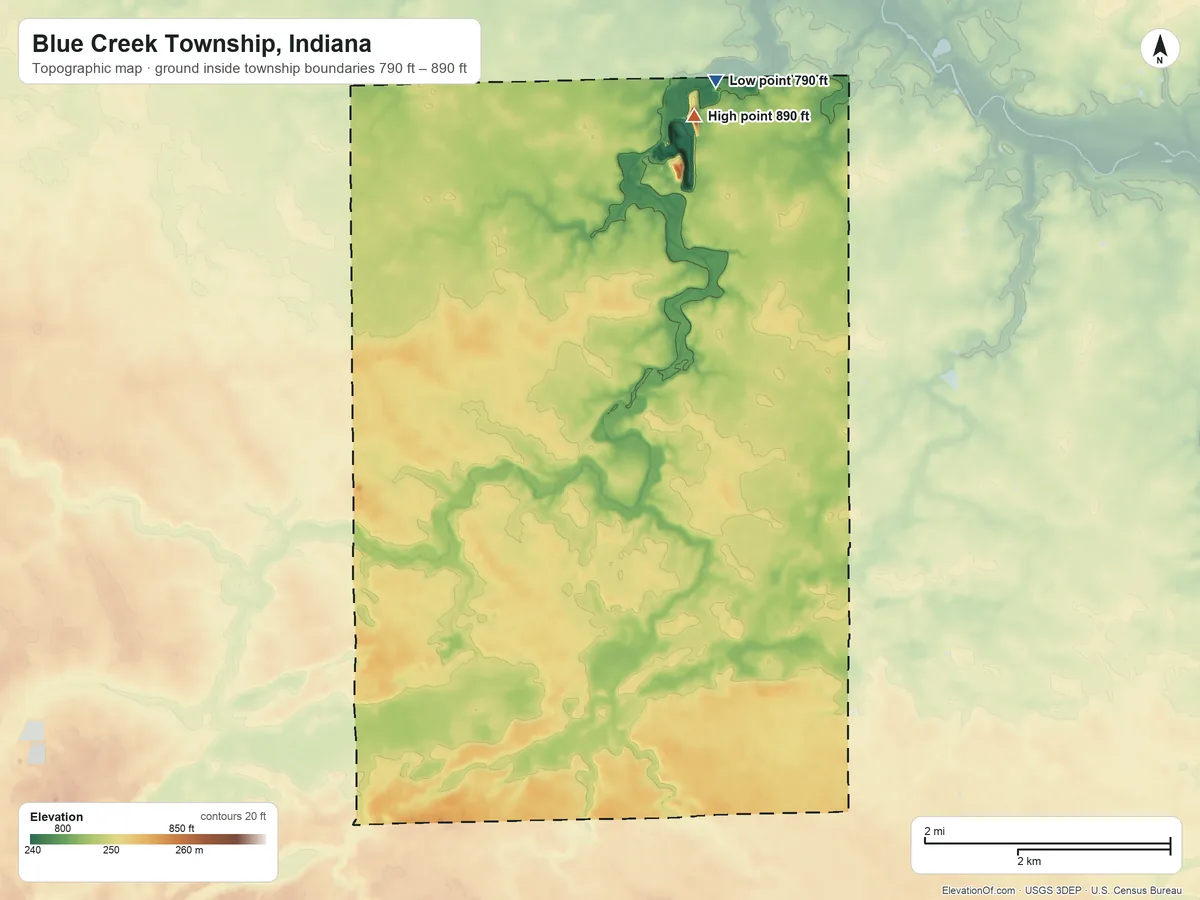 Topographic elevation map of Blue Creek Township, Indiana, shaded from 790 ft on the north side to 890 ft on the north side