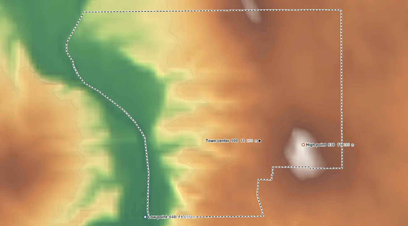 Topographic elevation map of Blue Ridge, Indiana, shaded from 840 ft on the southwest side to 930 ft on the east side