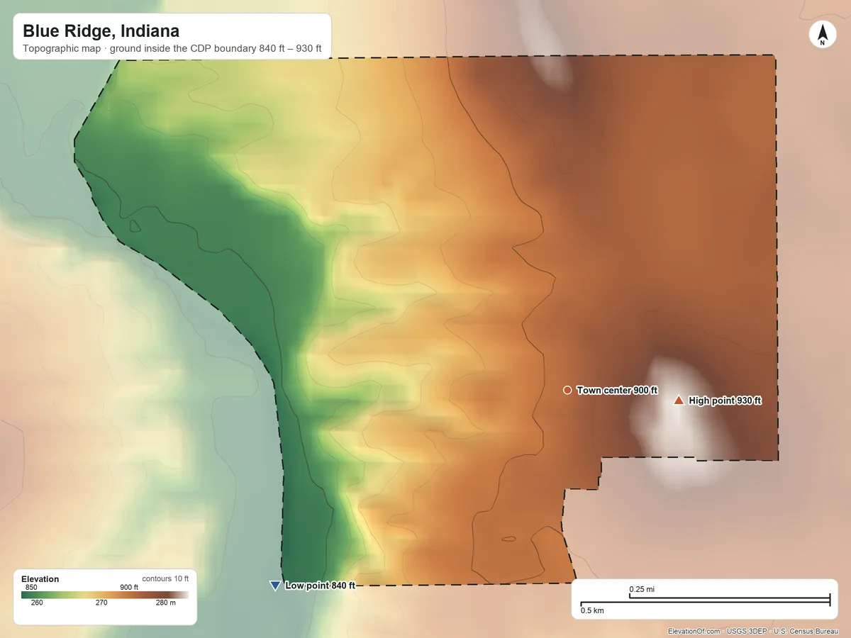 Topographic elevation map of Blue Ridge, Indiana, shaded from 840 ft on the southwest side to 930 ft on the east side