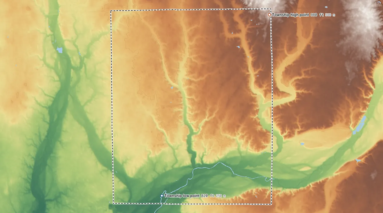 Topographic elevation map of Blue River Township, Hancock County, Indiana, shaded from 820 ft on the southwest side to 980 ft on the northeast side